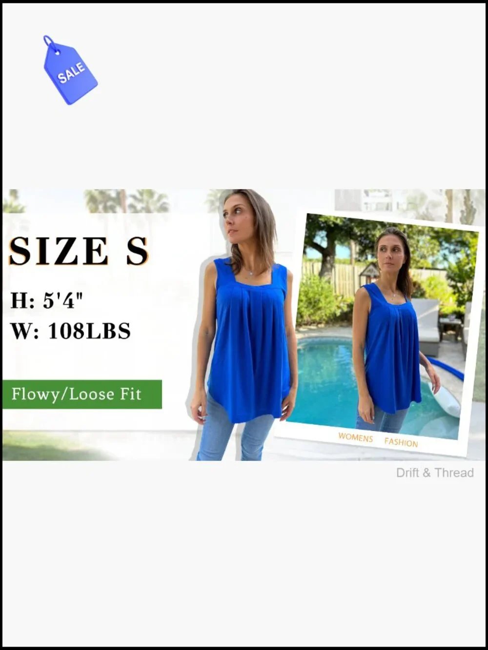 Women's Loose Fit Square Neck Tank Top Pleated Curved Hem Summer